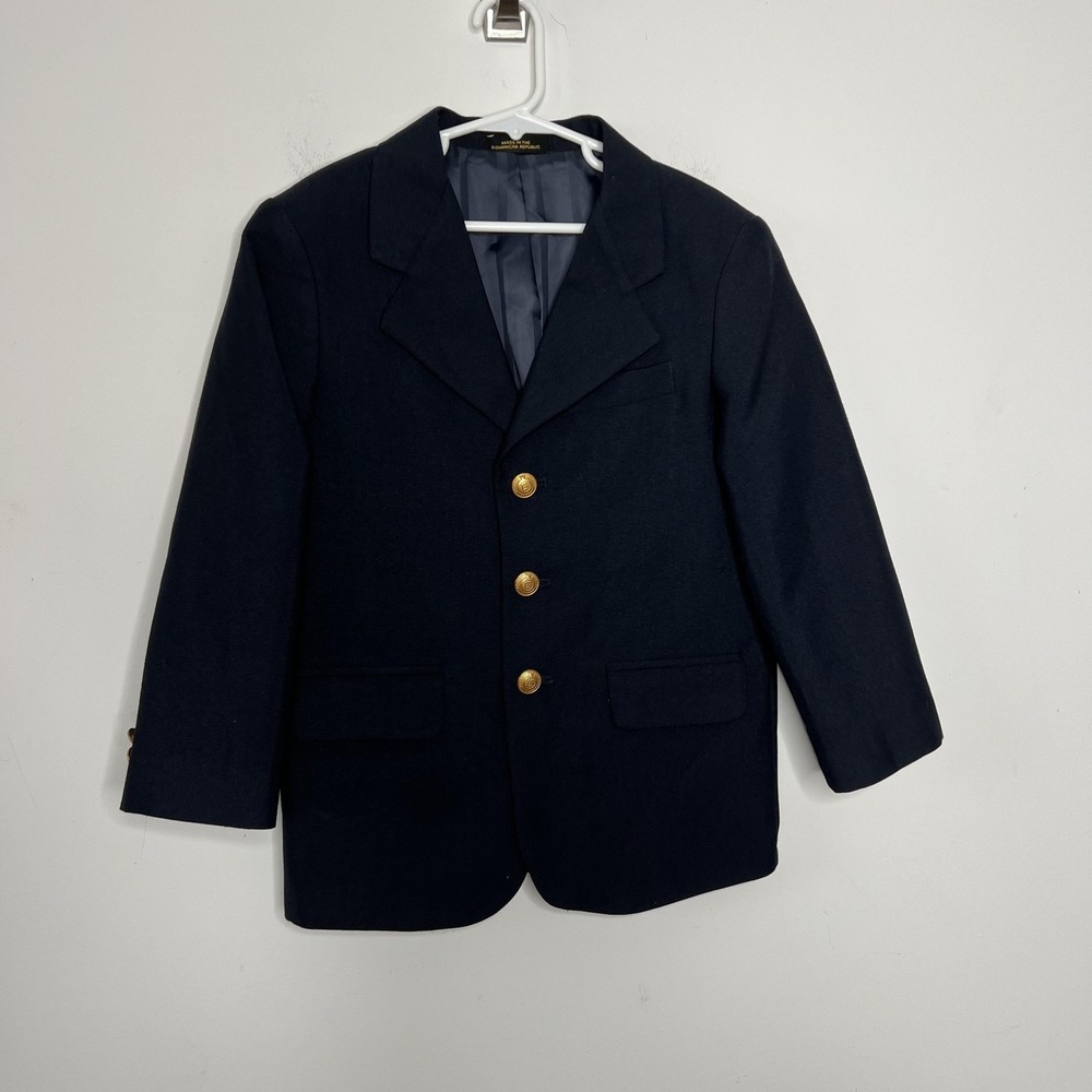 Claiborne Blazer Boys 8 Navy Wool Blend Gold Button Lined Formal Suit Jacket